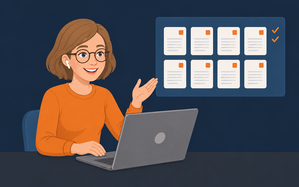 Illustration of an ISO consultant at a laptop beside a panel of prepared alphaZ documents