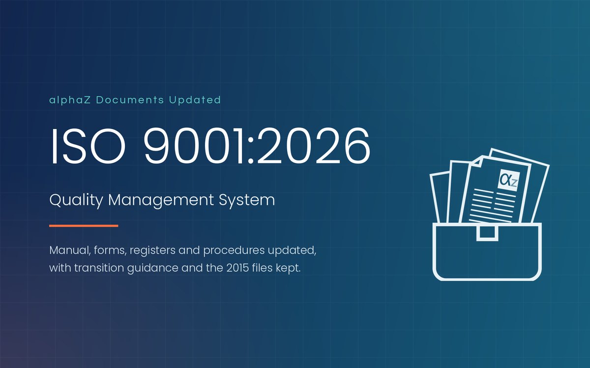 ISO 9001:2026 toolkit graphic with an alphaZ document folder, for the updated quality management system toolkits