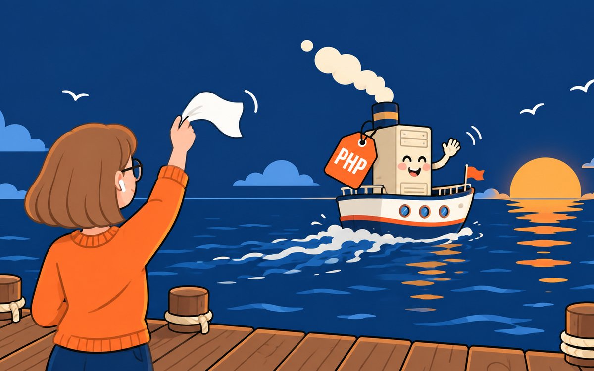 A cartoon steamboat carrying an old server sails away while someone on the dock waves goodbye