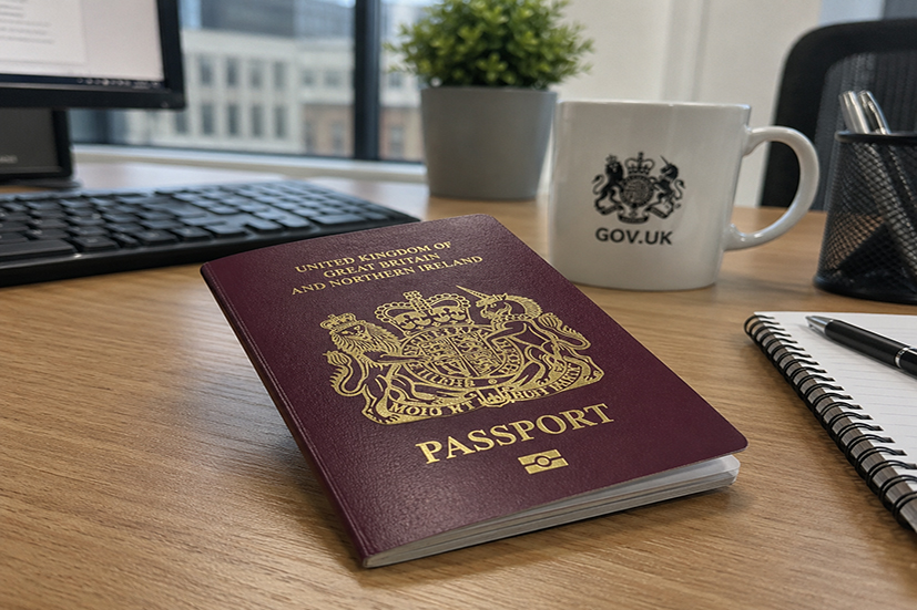 Image of a UK passport in an office 